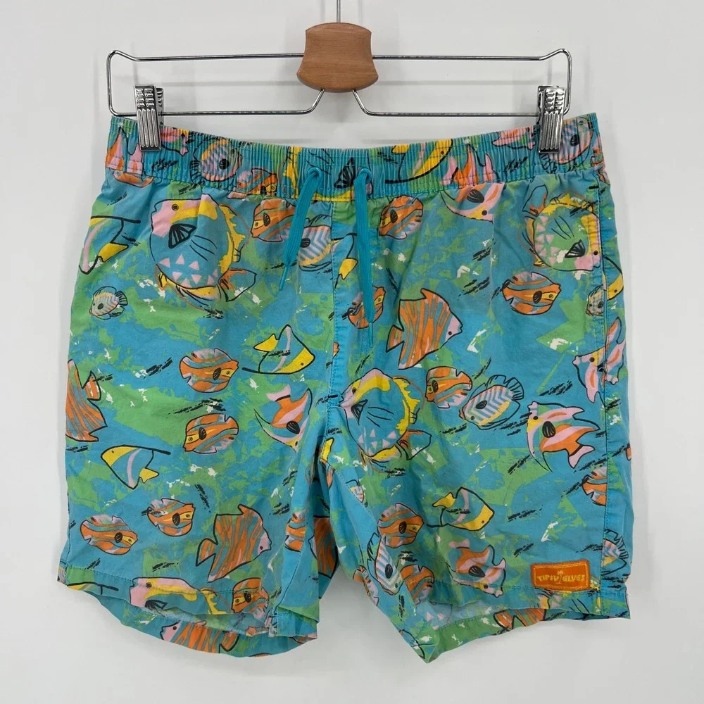 Tipsy Elves Mens Teal Tropical Fish Print Cotton Swim Trunks Size Medium M